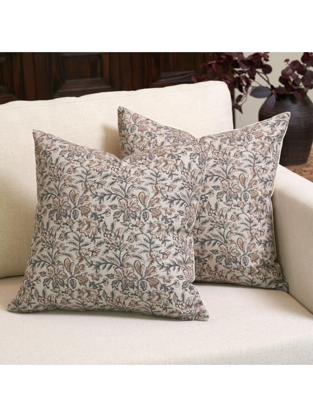 Vintage Floral Throw Pillow Covers Set of 2 | 24x24 Decorative Couch Pillows for